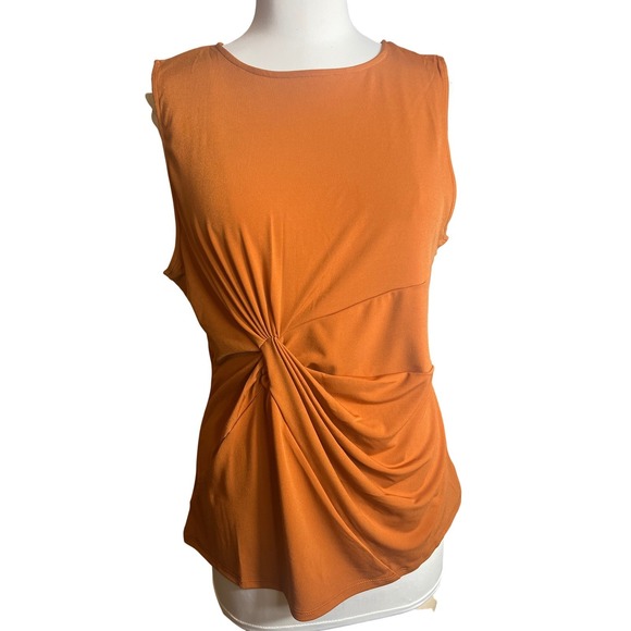 Zenana Outfitters Tops - Sleeveless Front Knot Twisted Draped Knit Top Burnt Orange Rust Crew Neck L
